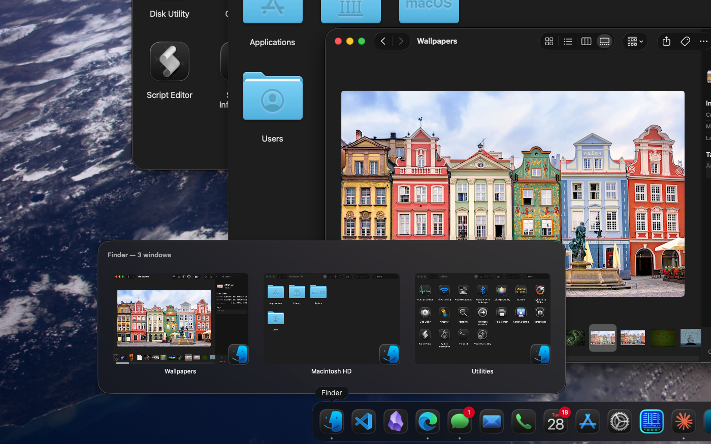 Hovering a Dock icon shows a panel of live window previews for that app, headed by the number of open windows.
