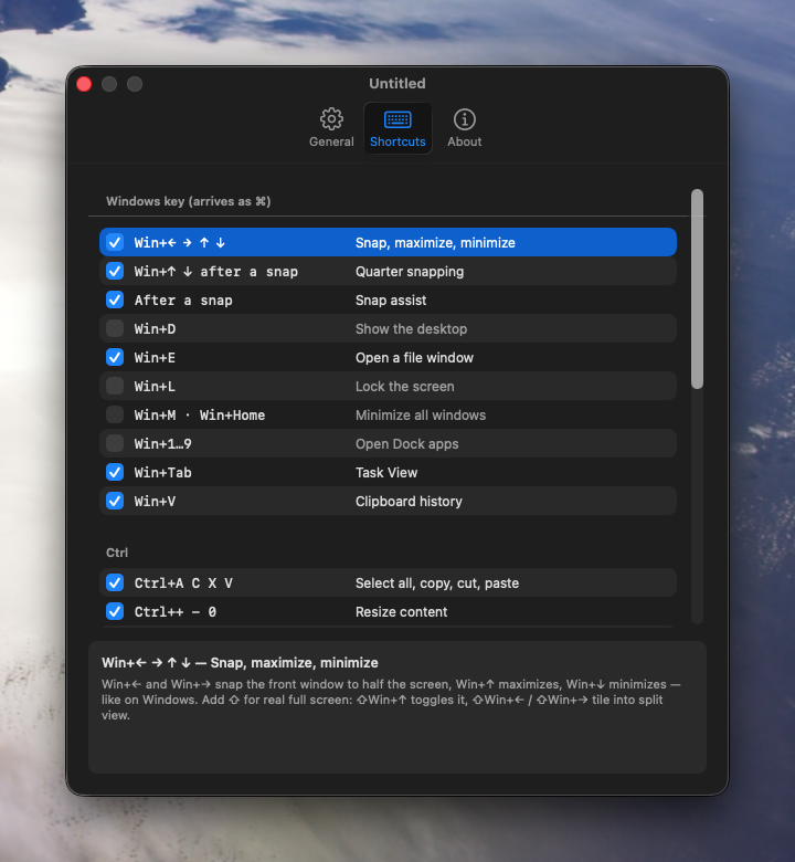 The WinExpat settings window: one Shortcuts table listing every Windows reflex, what you press and what it does, with the selected row explained underneath.