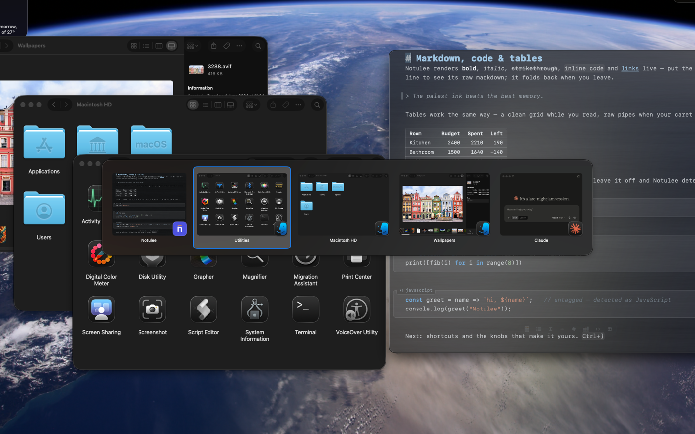 The WinExpat switcher open over three Mac windows, showing a live preview of each window with the second one selected.